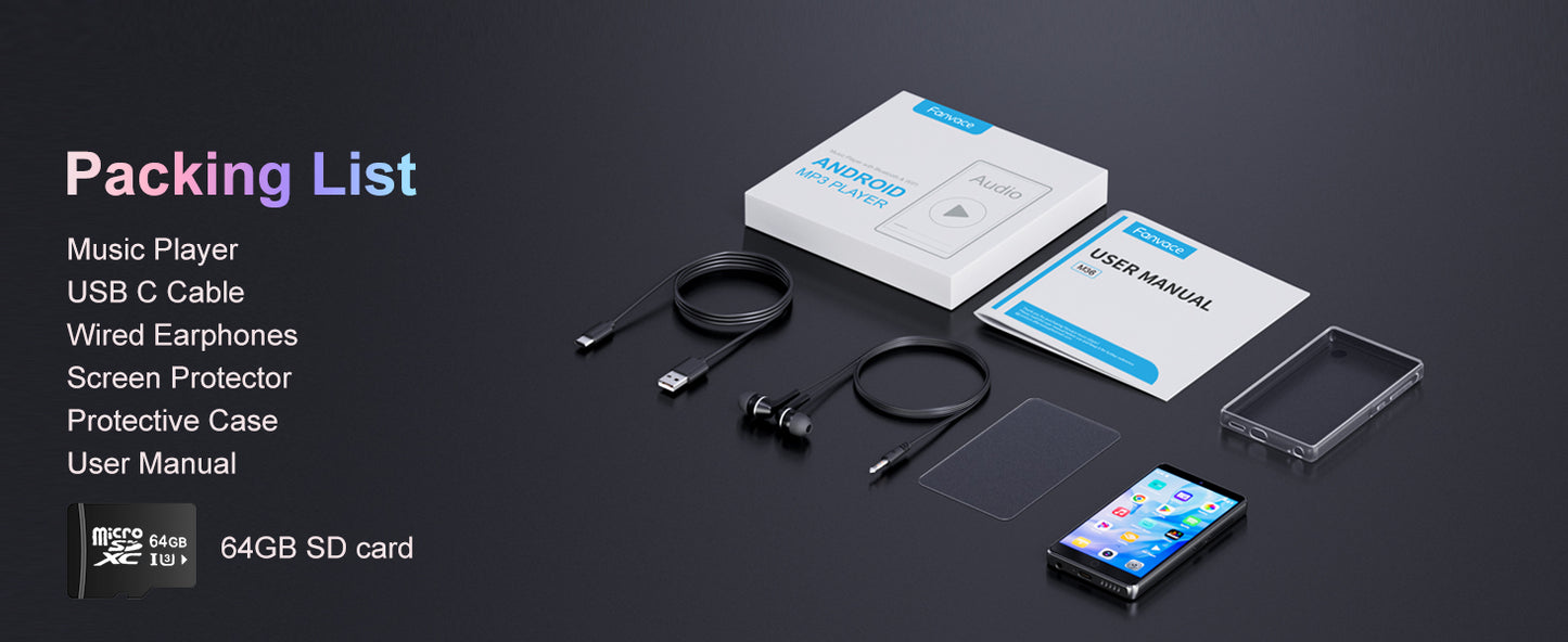 80GB (16+64GB) MP3 player with Bluetooth 5.0 and WiFi, Spotify, Android 13 OS, camera and speakers