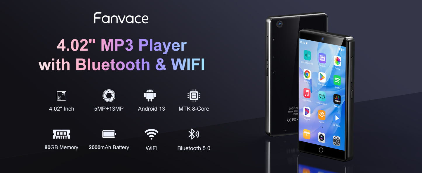 80GB (16+64GB) MP3 player with Bluetooth 5.0 and WiFi, Spotify, Android 13 OS, camera and speakers