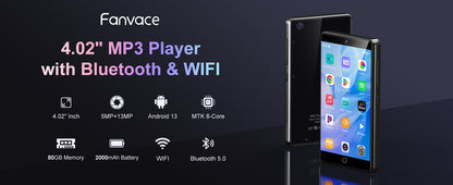 80GB (16+64GB) MP3 player with Bluetooth 5.0 and WiFi, Spotify, Android 13 OS, camera and speakers