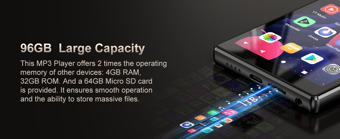 96GB (64GB+32GB) Android 13 OS MP3 & MP4 Players with Bluetooth and WiFi,  5" Touchscreen and Speaker, 4GB RAM & 32GB ROM