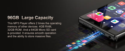 96GB (64GB+32GB) Android 13 OS MP3 & MP4 Players with Bluetooth and WiFi,  5" Touchscreen and Speaker, 4GB RAM & 32GB ROM