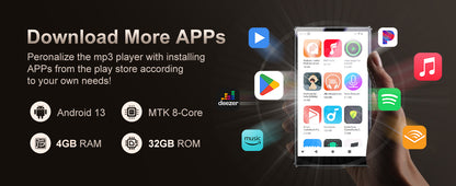 96GB (64GB+32GB) Android 13 OS MP3 & MP4 Players with Bluetooth and WiFi,  5" Touchscreen and Speaker, 4GB RAM & 32GB ROM