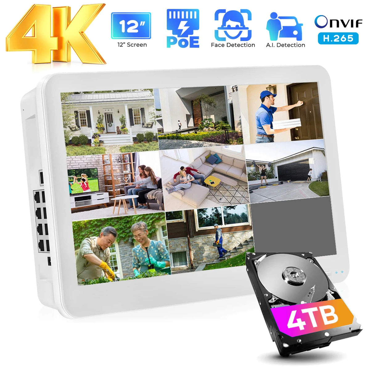 8CH 4K POE NVR With 12" LCD Monitor H.265 Onvif CCTV PoE Network Video Recorder Power Over Ethernet Xmeye 8MP NVR for IP Cameras