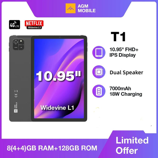 AGM PAD T1 Tablet 10.95 inch 1200*1920 FHD+ Screen  8（4+4）GB RAM 128GB ROM 4G LTE Android 14 Unisoc T606 Tablets Widevine L1