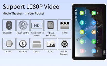 7.1 inch Bluetooth Mp4 Player 64gb Touch Screen Hifi Music Usb Type-c Mp4 Video Player Support TF Card Speaker 6500mAh Battery