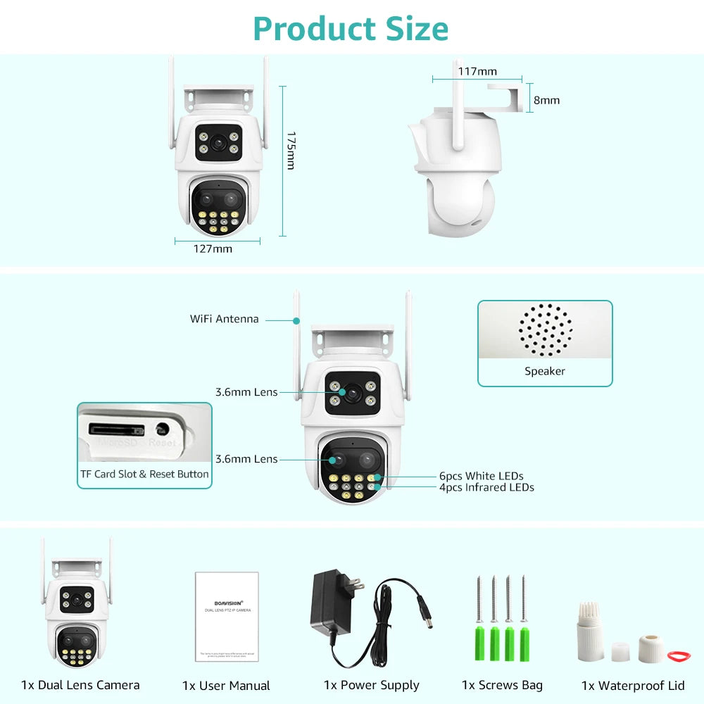 Wifi Surveillance Camera Outdoor PTZ 9MP Three lens 8X Digital Zoom AI Auto Tracking Humanoid Detection 4MP Security Camera