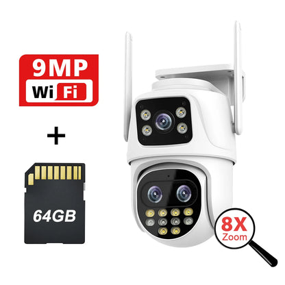 Wifi Surveillance Camera Outdoor PTZ 9MP Three lens 8X Digital Zoom AI Auto Tracking Humanoid Detection 4MP Security Camera