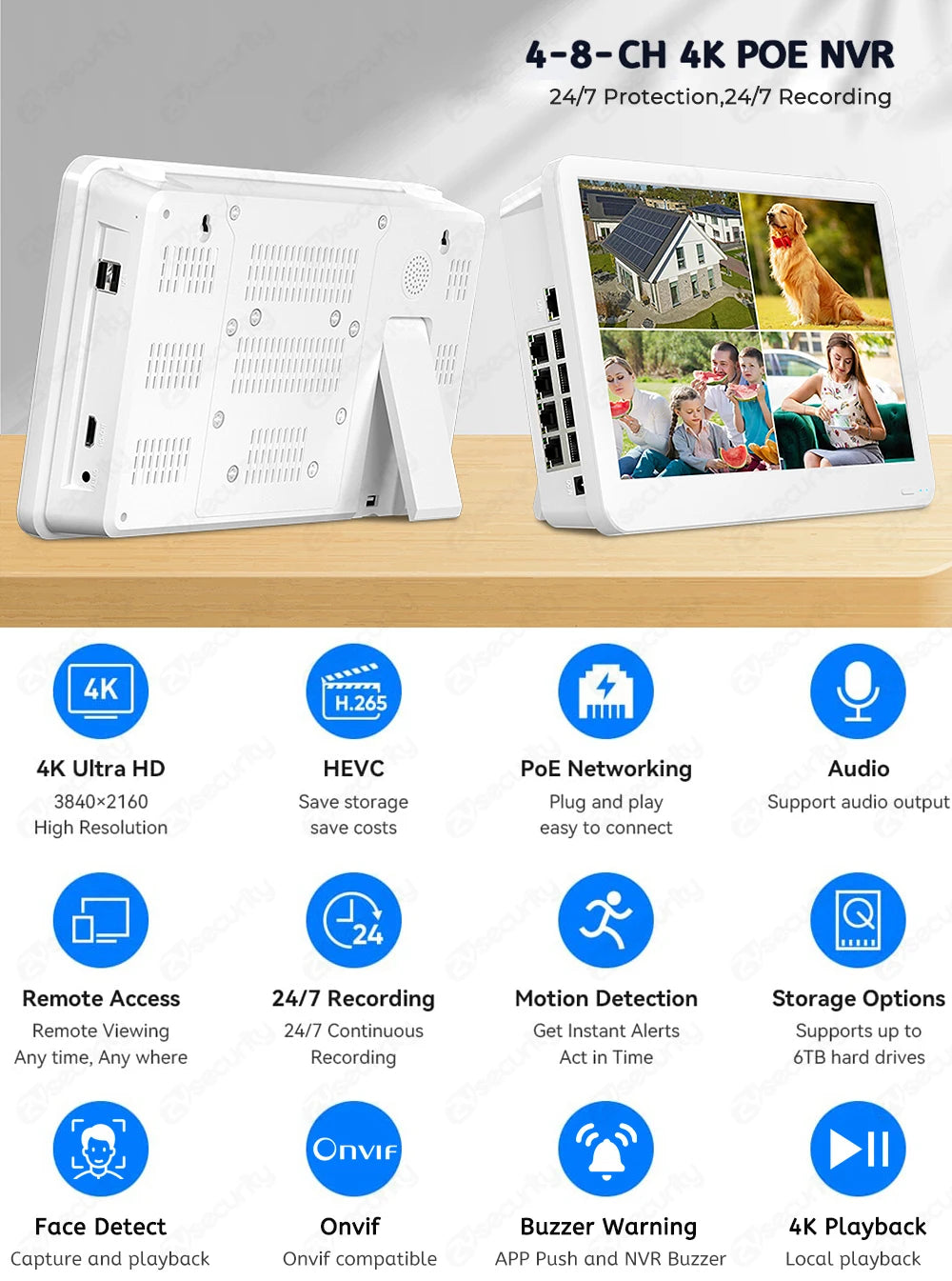 8CH 4K POE NVR With 12" LCD Monitor H.265 Onvif CCTV PoE Network Video Recorder Power Over Ethernet Xmeye 8MP NVR for IP Cameras