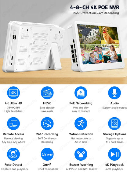 8CH 4K POE NVR With 12" LCD Monitor H.265 Onvif CCTV PoE Network Video Recorder Power Over Ethernet Xmeye 8MP NVR for IP Cameras