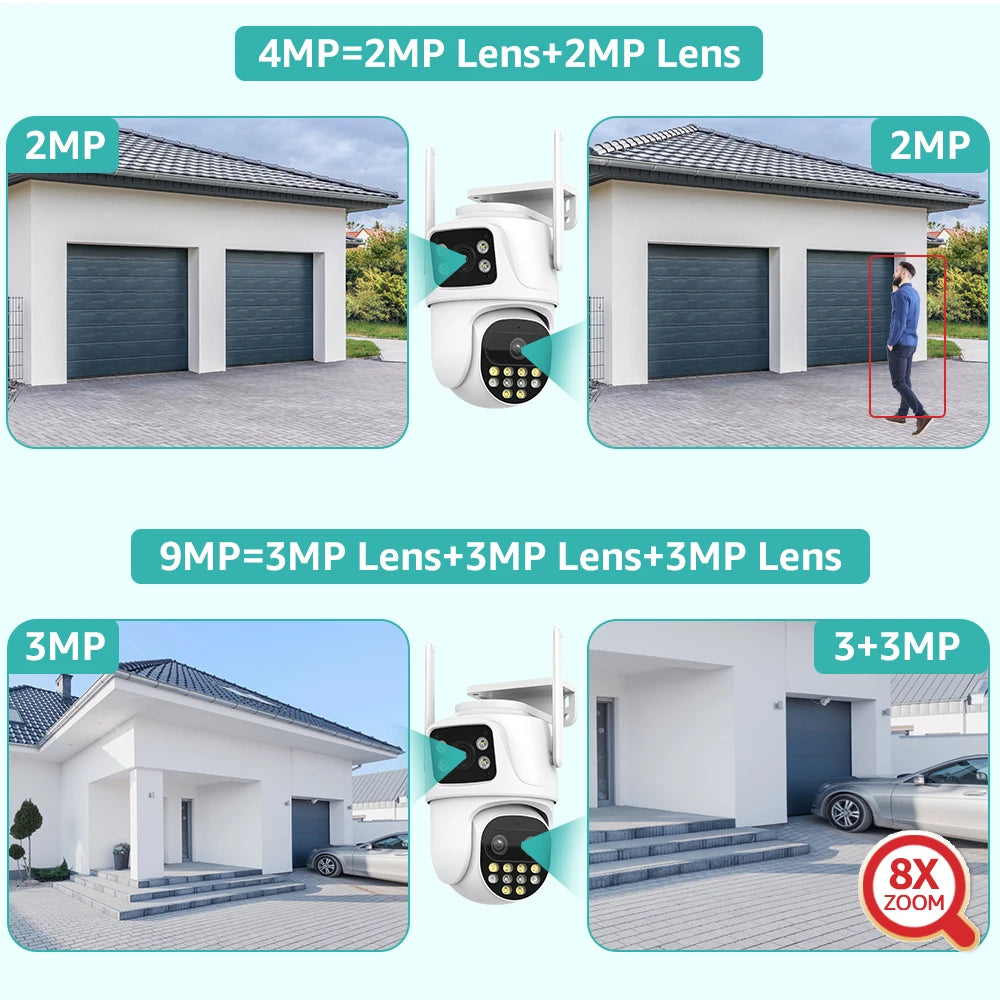 Wifi Surveillance Camera Outdoor PTZ 9MP Three lens 8X Digital Zoom AI Auto Tracking Humanoid Detection 4MP Security Camera