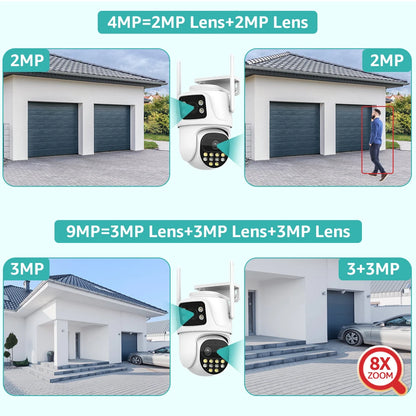 Wifi Surveillance Camera Outdoor PTZ 9MP Three lens 8X Digital Zoom AI Auto Tracking Humanoid Detection 4MP Security Camera