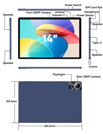 Latest  Large Screen 14 Inch Tablet Pc Android 14 tablet 16+512GB Phone Call BT 5G WiFi Pad For Educational/Sheet music/Kitchen