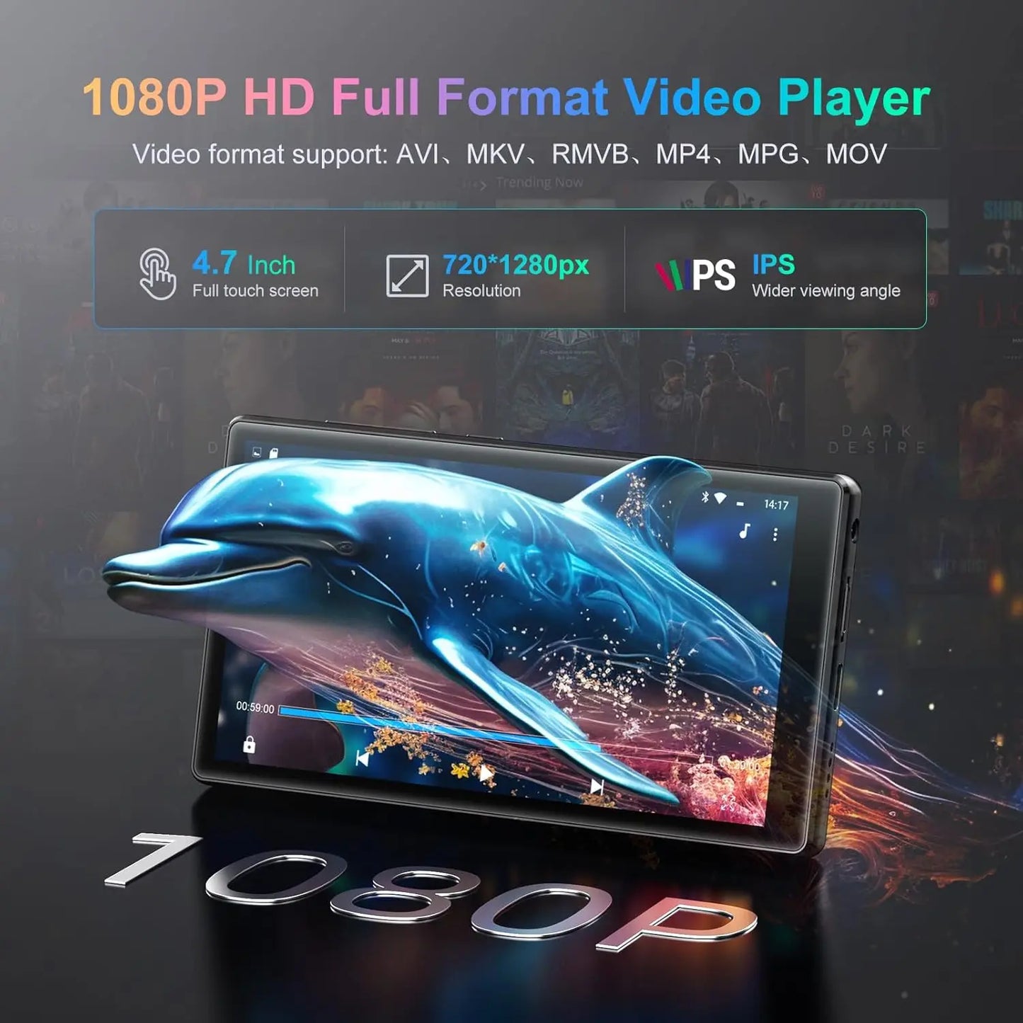 1080P Android 13.0 4.7-inch 96GB (64GB+32GB) MP3/MP4 player with Bluetooth and WiFi, up to 1TB