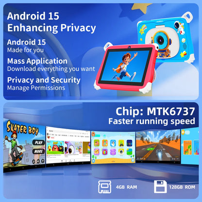7 Inch New Kids Tablet PC 5G WiFi Quad Core 4GB RAM 128GB ROM Android 15 for Children Gifts 3200mAh Educational Learning Tablets