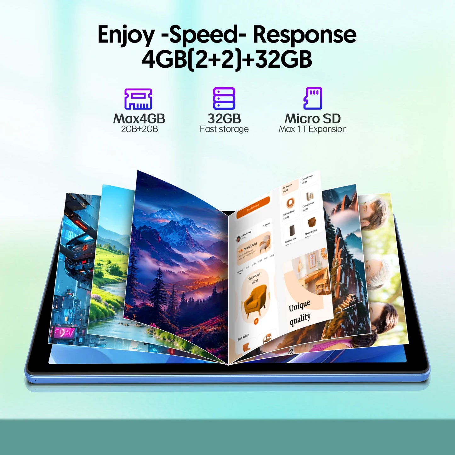 10-inch Android tablet, 4GB (2g+2g memory expansion) RAM+32GB ROM, 1280x800 IPS screen, dual cameras, WiFi, Bluetooth, dual spea