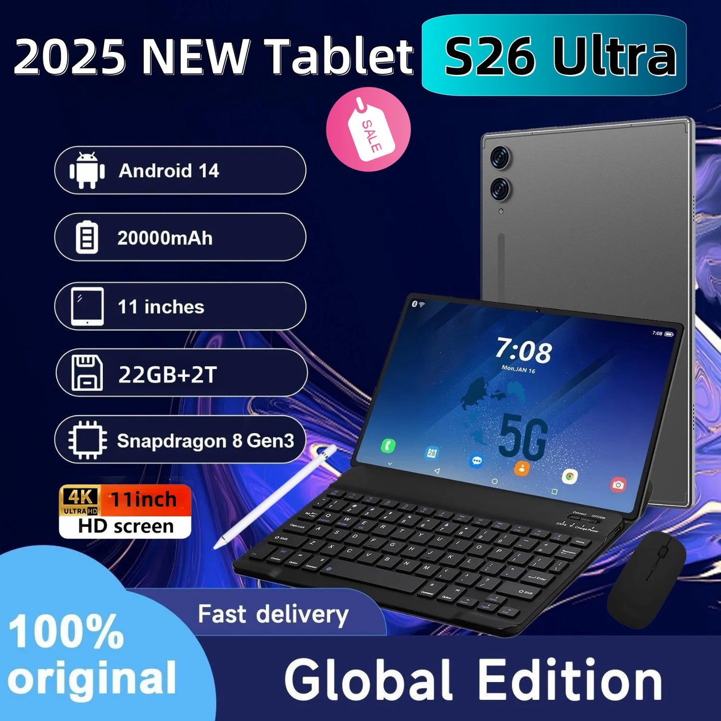 2025 NEW Original S26 Ultra 11inch Tablet Android 14 22GB+2TB 20000mAh 5G Dual SIM Bluetooth WiFi HD 4K Screen Tablet PC Wifi7