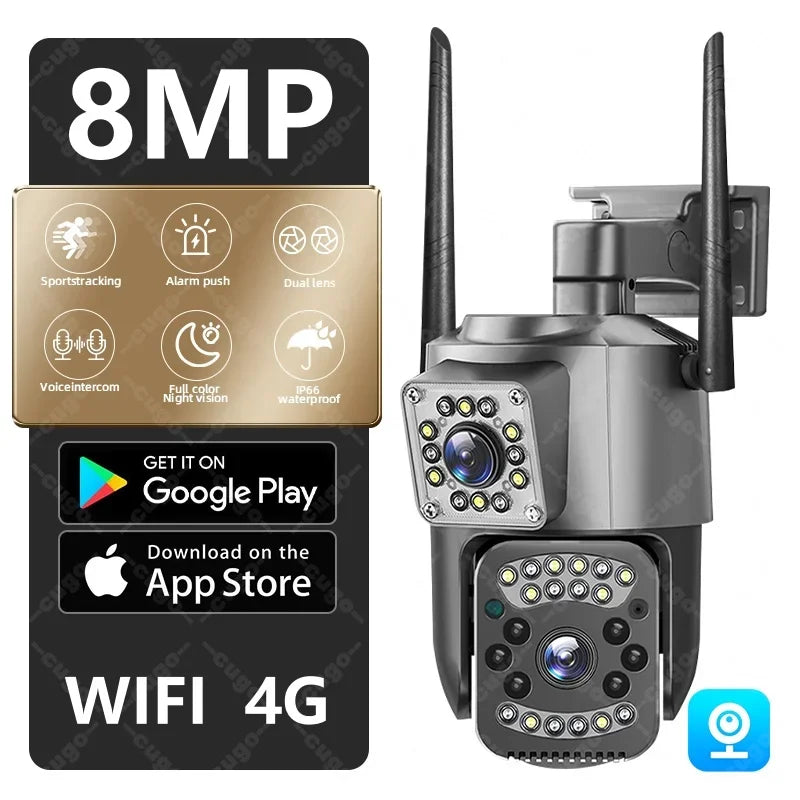 Surveillance Wifi Camera 8MP Smart Home 4G IP Cameras Dual Lens Panorama PTZ Motion Detection Security Outdoor Waterproof Camera