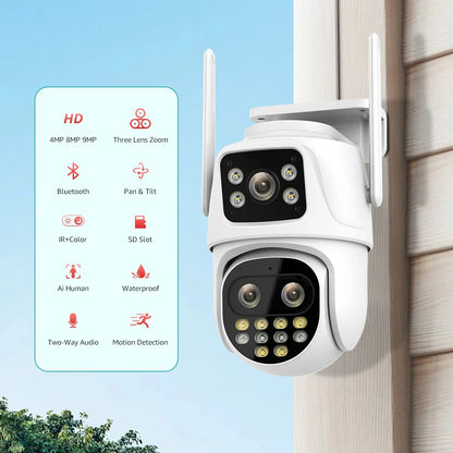 Wifi Surveillance Camera Outdoor PTZ 9MP Three lens 8X Digital Zoom AI Auto Tracking Humanoid Detection 4MP Security Camera
