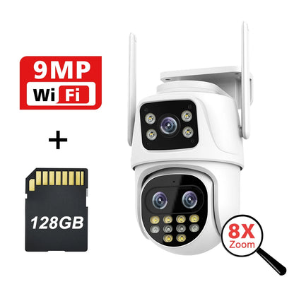 Wifi Surveillance Camera Outdoor PTZ 9MP Three lens 8X Digital Zoom AI Auto Tracking Humanoid Detection 4MP Security Camera