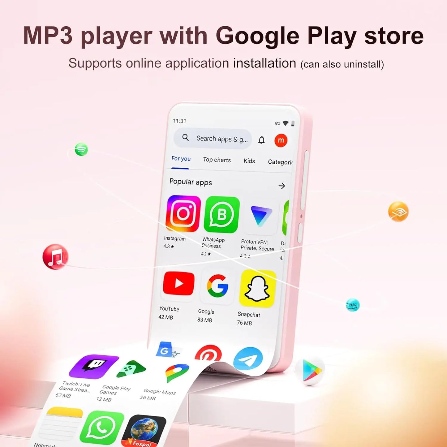 80GB (16GB+64GB) MP3 Player Android 9.0 with Bluetooth and WiFi, 4.0-inch with speakers, FM radio, eBooks, capacity up to 512GB