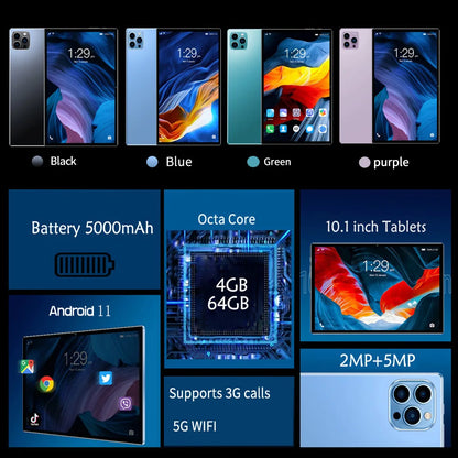 2024 Top selling 10.1-inch Tablet with 4GB RAM 64GB ROM, Android 11 System Tablet Song Player Global Version Tablet 5000 mAh