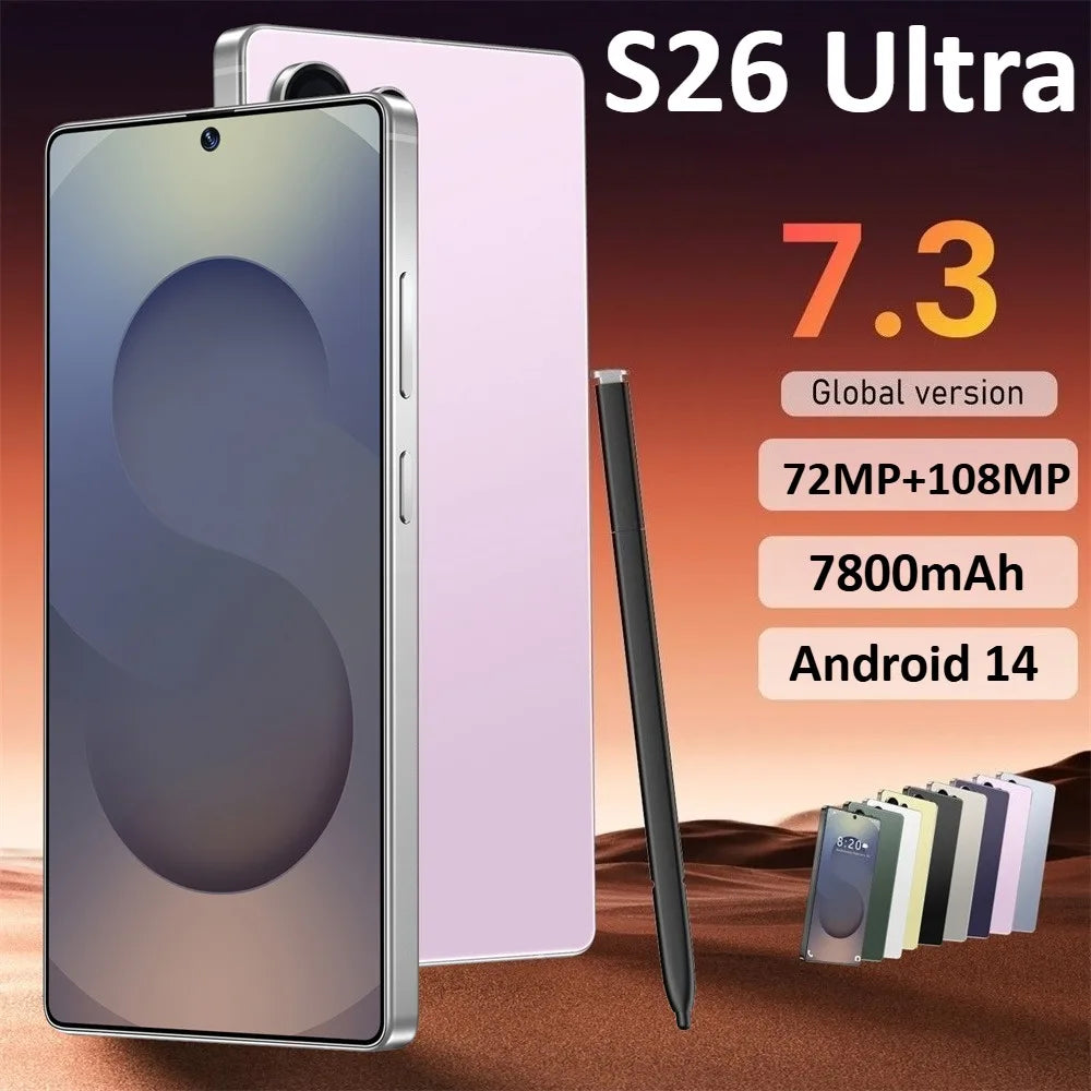 NEW S26 Ultra HOT Original 7.3inch Intelligent 5G Dual Card Dual Standby Android 14 System Cheap Global Version 7800mAh Battery