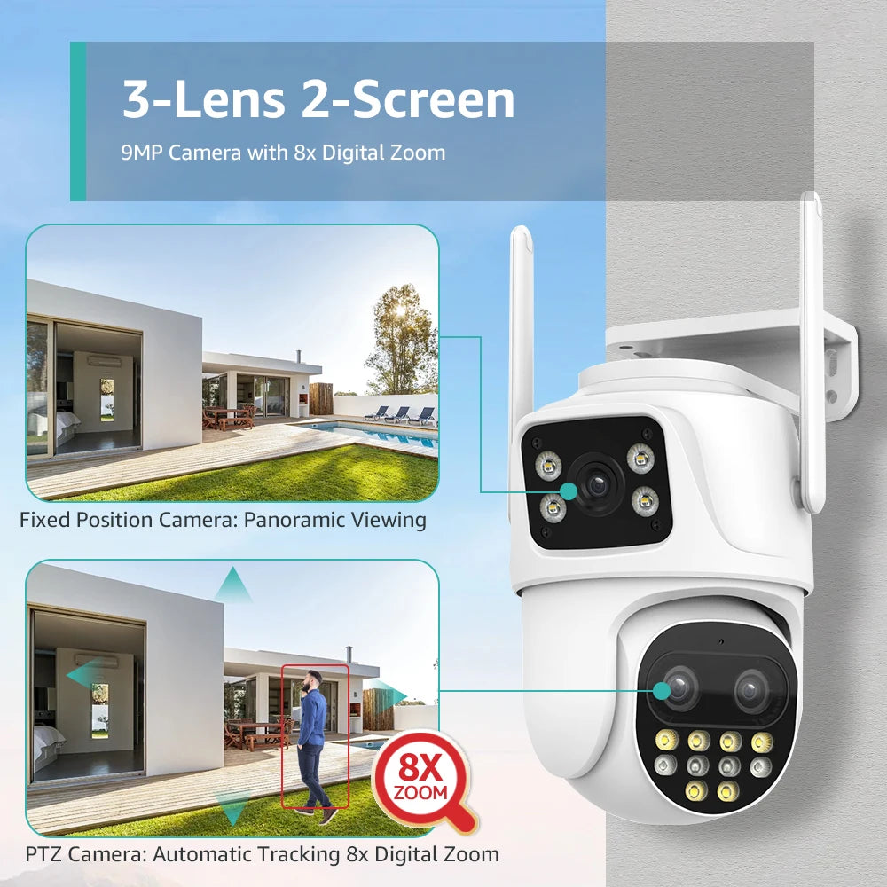 Wifi Surveillance Camera Outdoor PTZ 9MP Three lens 8X Digital Zoom AI Auto Tracking Humanoid Detection 4MP Security Camera