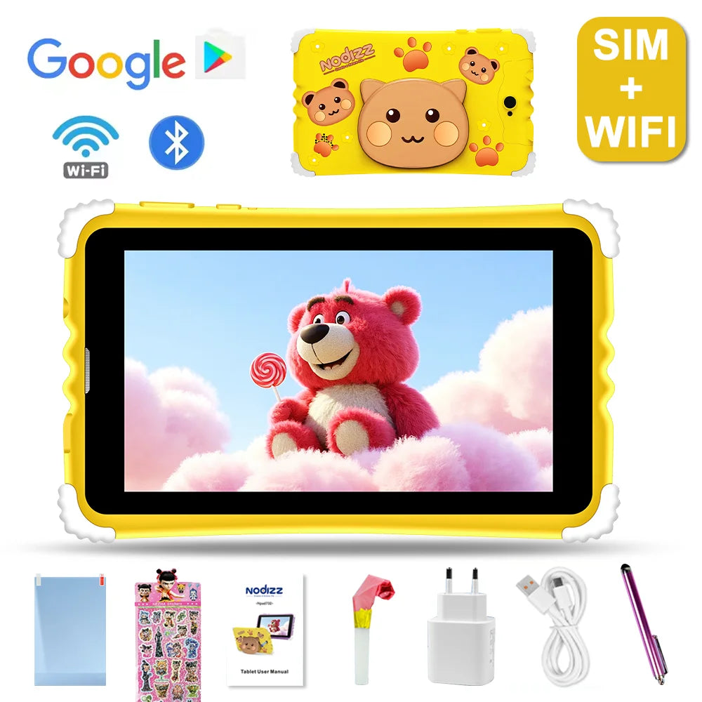 Android 15 Tablet for Kids 7 inch Quad-Core, 128GB ROM 4GB RAM TF Card Expandable,SIM Card, Parental Control, Dual Camera, WiFi