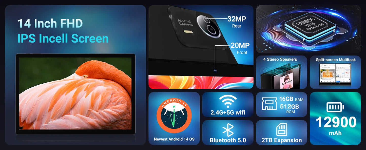 Latest  Large Screen 14 Inch Tablet Pc Android 14 tablet 16+512GB Phone Call BT 5G WiFi Pad For Educational/Sheet music/Kitchen