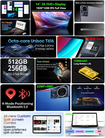 2025 Global Version Super Large Screen 14 inch Tablet Pc Android 14 4G Phone Call 16GB+512GB Tablets 14" GPS 5G WiFi FM 12000mAh