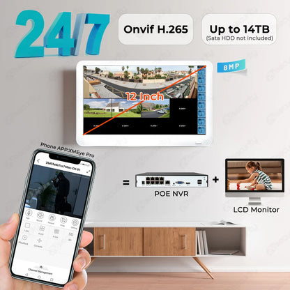 8CH 4K POE NVR With 12" LCD Monitor H.265 Onvif CCTV PoE Network Video Recorder Power Over Ethernet Xmeye 8MP NVR for IP Cameras