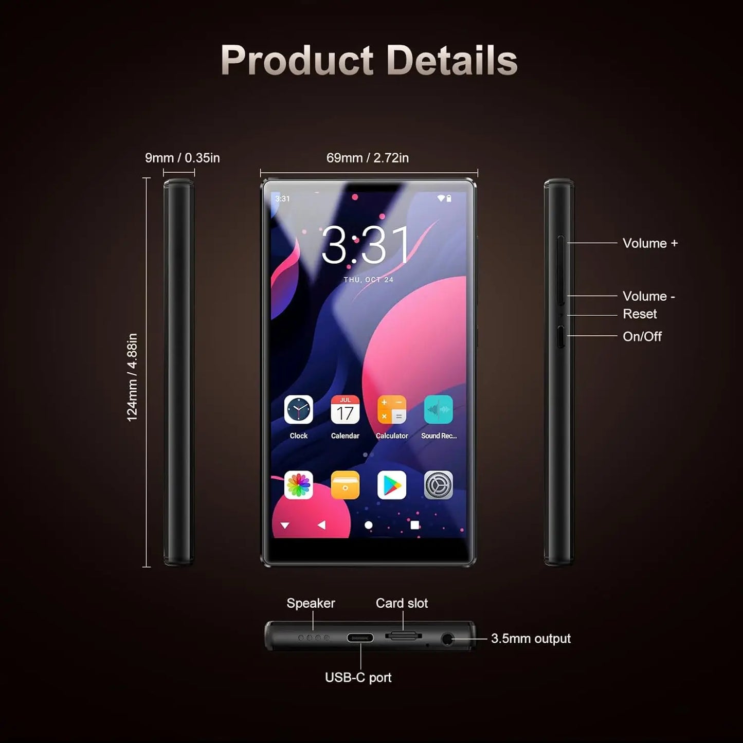 96GB (64GB+32GB) Android 13 OS MP3 & MP4 Players with Bluetooth and WiFi,  5" Touchscreen and Speaker, 4GB RAM & 32GB ROM