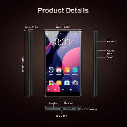 96GB (64GB+32GB) Android 13 OS MP3 & MP4 Players with Bluetooth and WiFi,  5" Touchscreen and Speaker, 4GB RAM & 32GB ROM