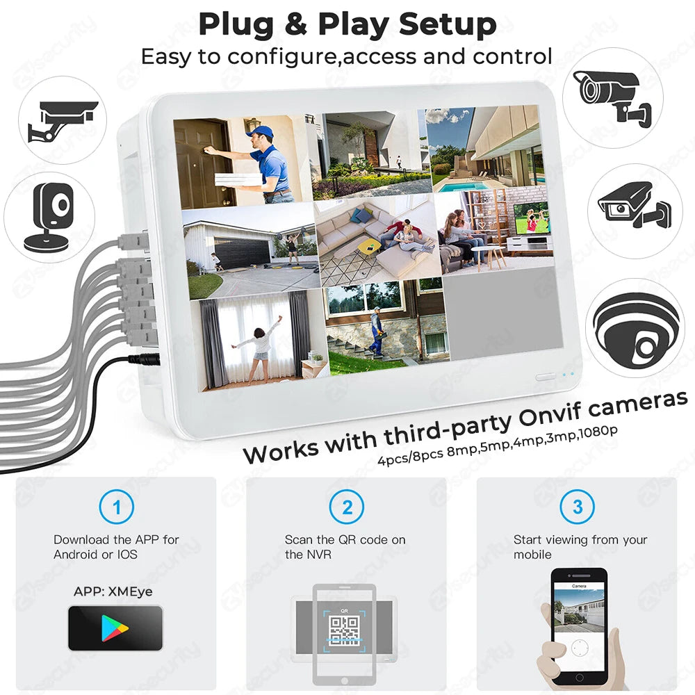 8CH 4K POE NVR With 12" LCD Monitor H.265 Onvif CCTV PoE Network Video Recorder Power Over Ethernet Xmeye 8MP NVR for IP Cameras