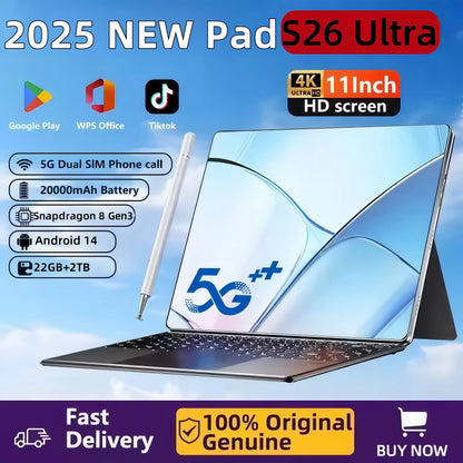 2025 Global Version New S26 Ultra Tablet 22GB+2T 11inch HD 4K Android14 20000mAh 5G Dual SIM Phone Call WiFi GPS WPS Tablet PC