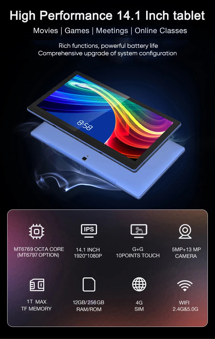 Large Screen 14.1 Inch Tablet Pc Android 12 tablet 12+256GB Phone Call Bluetooth 5G WiFi Pad For Educational/Sheet music/Kitchen