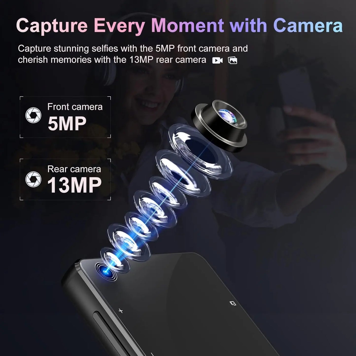 80GB (16+64GB) MP3 player with Bluetooth 5.0 and WiFi, Spotify, Android 13 OS, camera and speakers