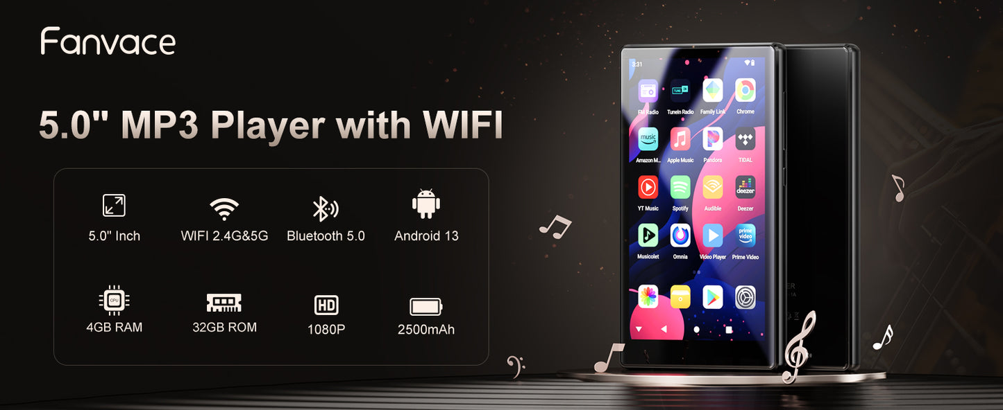 96GB (64GB+32GB) Android 13 OS MP3 & MP4 Players with Bluetooth and WiFi,  5" Touchscreen and Speaker, 4GB RAM & 32GB ROM