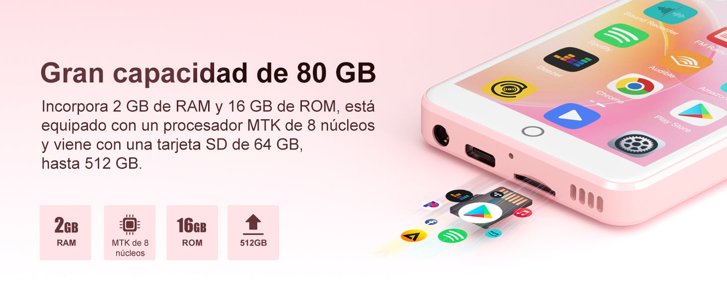 80GB (16GB+64GB) MP3 Player Android 9.0 with Bluetooth and WiFi, 4.0-inch with speakers, FM radio, eBooks, capacity up to 512GB