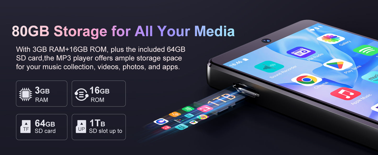 80GB (16+64GB) MP3 player with Bluetooth 5.0 and WiFi, Spotify, Android 13 OS, camera and speakers