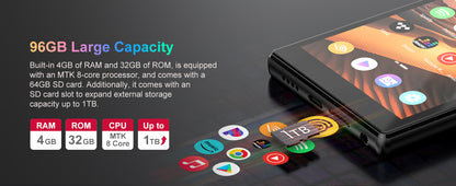 1080P Android 13.0 4.7-inch 96GB (64GB+32GB) MP3/MP4 player with Bluetooth and WiFi, up to 1TB